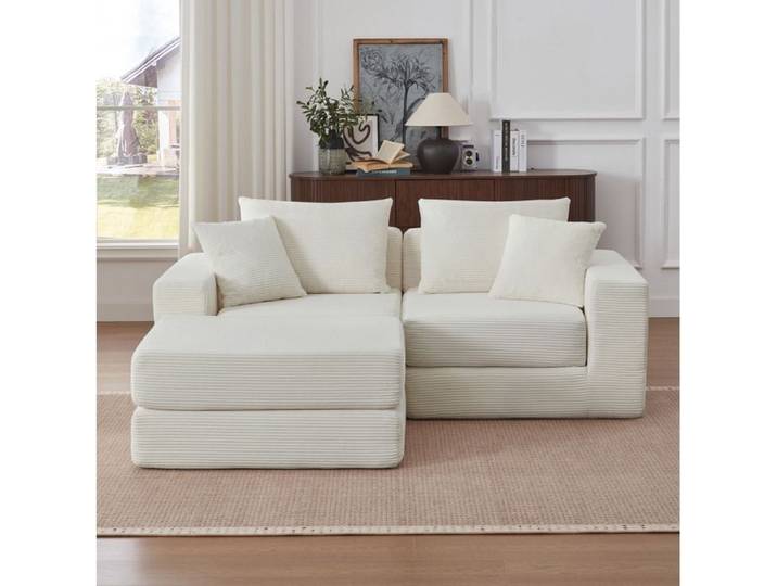 ROVRYN canapé modulable convertible d'angle en velours côtelé blanc avec base antidérapante
