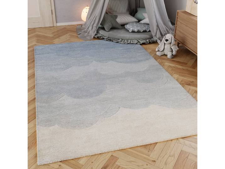 Kinderteppich SMART KIDS Mika , blau, B:110cm H:1,2mm L:170cm, Wolle, Teppiche, Kinderteppich, aus Naturfasern, dezentes Wolken-Motiv, pastellfarben, Kinderzimmer
