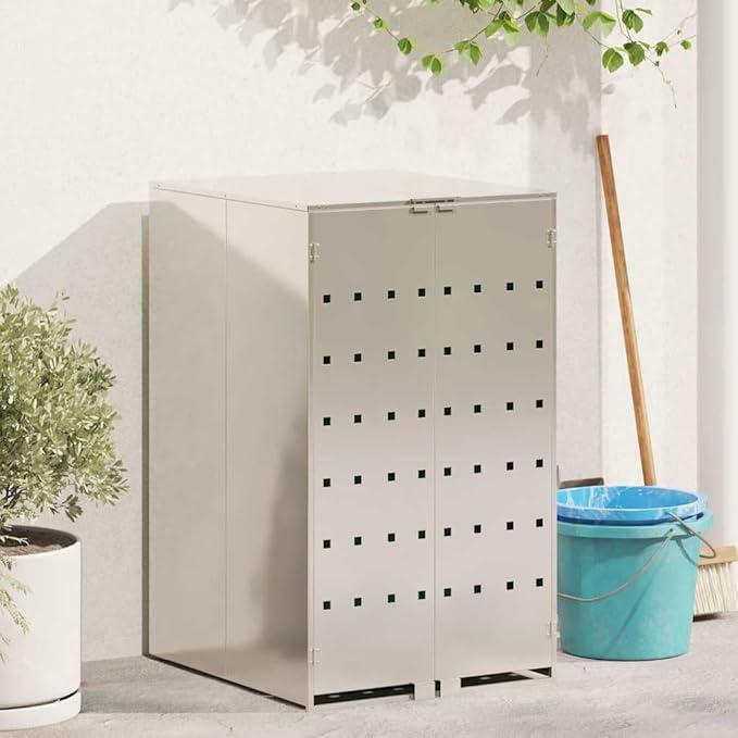 Mülltonnenlager mit Gas-Hebedeckel 240L Mülltonnenbox silber aus Edelstahl wetterfest erweiterbar mit Belüftung für Garten Terrasse Außenbereich ohne Gerüche