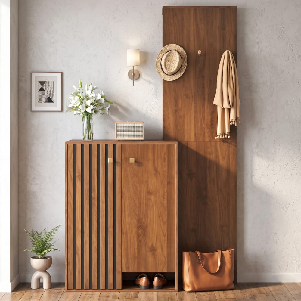 Urban Meuble Vestiaire d'entrée effet bois noyer, penderie et meuble à chaussures Marron 115x192x39cm