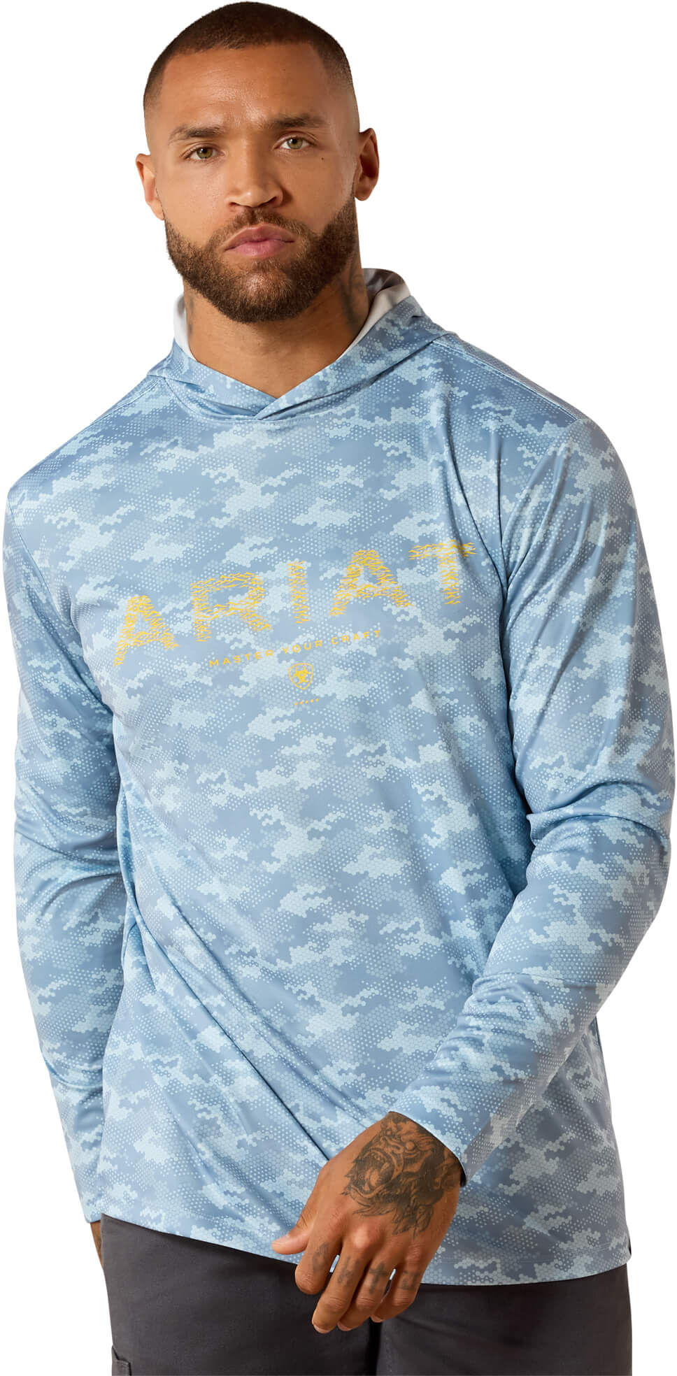 Men's Rebar Sunblocker Printed Craft Hooded Long Sleeve T-Shirt in Dusty Blue, Size: Medium by Ariat