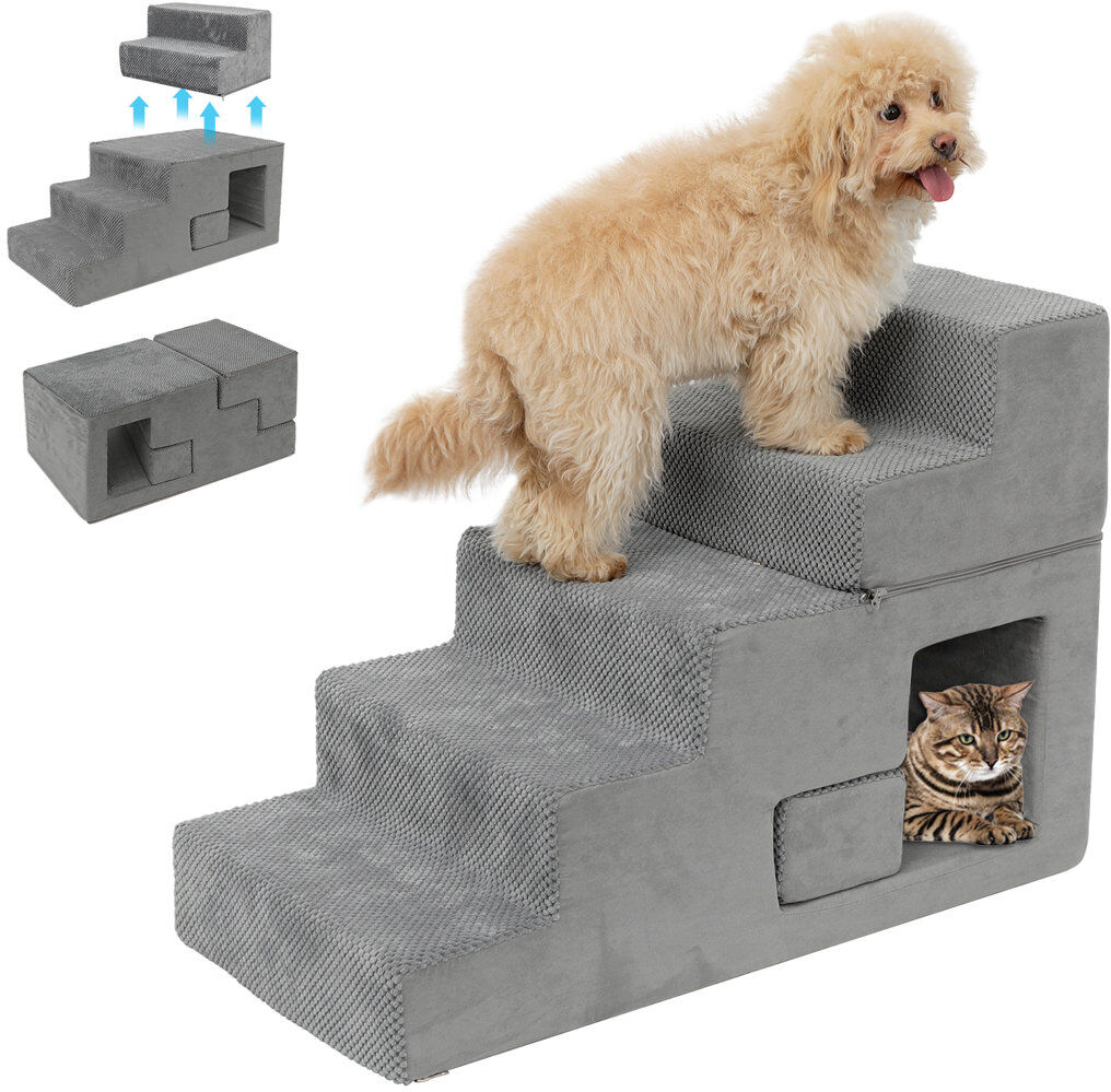 Rebrilliant 3-in-1 5-Step Foldable Dog Stairs, Convertible Pet Stairs Bed with Cat Flat, Height Adjustable Cat Ladder for Bed Sofa, Waterproof Pet Stairs With Ant Grey 58cm H X 40cm W X 75cm D