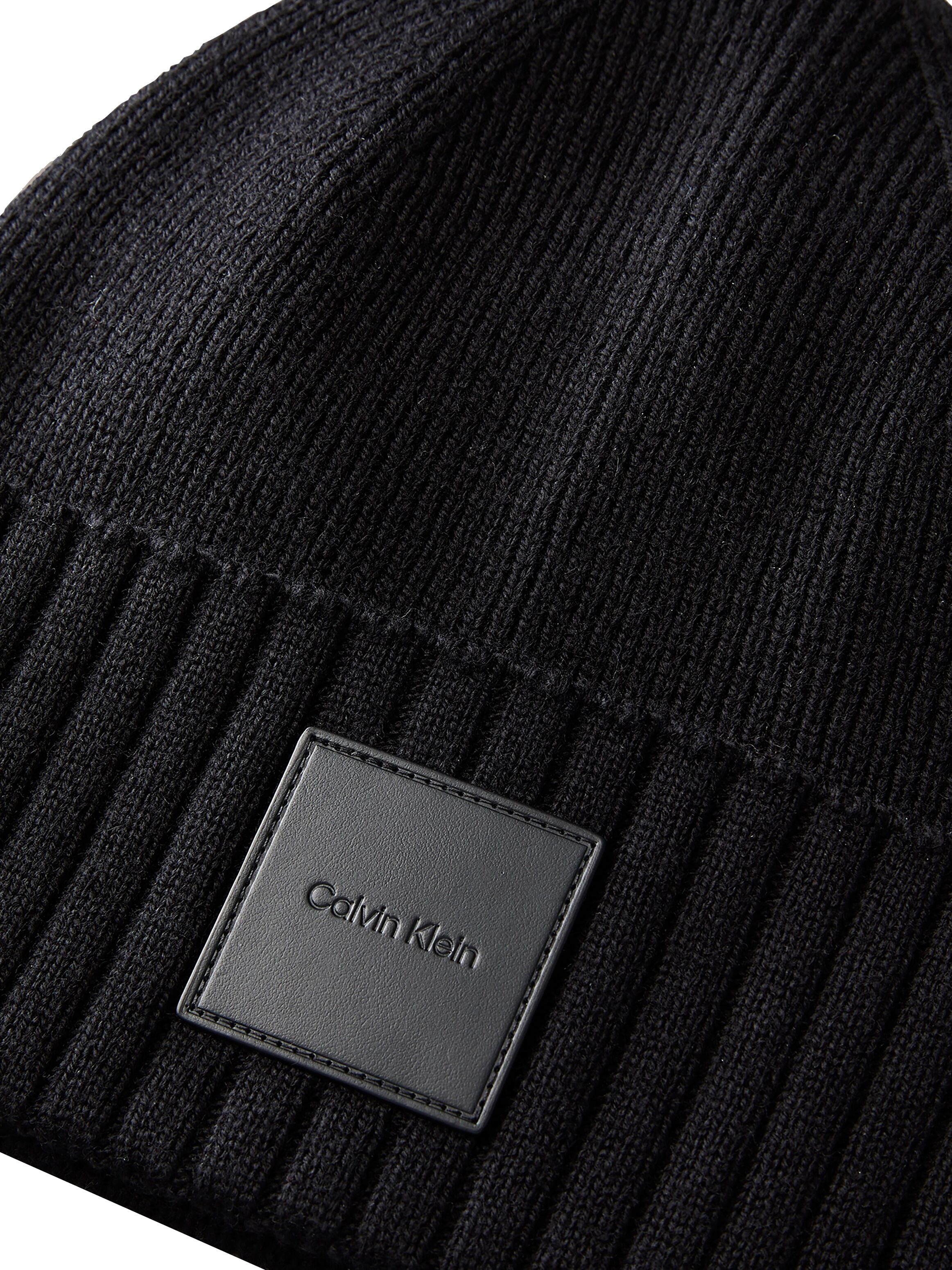 Beanie CALVIN KLEIN JEANS "LEATHER PATCH WOOL BLEND BEANIE", Herren, schwarz, Strick, Wollmischung, unifarben, Mützen Beanie, Regular fit mit aufgeschlagenem Saum, Kaschmir-Anteil