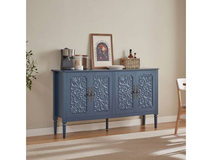 MEULVA Buffet bas 4 portes à relief sculpté bleu marine 160 x 40 x 89 cm style vintage