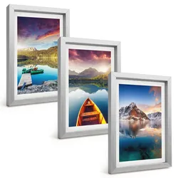 BILDER SET 3er Set - 20x30 cm Silberner Rahmen - Seen, Berge, Boote, Frieden