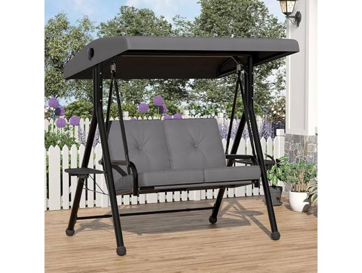 GarveeMore 2-Sitzer Gartenhängesessel mit verstellbarem Baldachin, Grau Getränkehaltern & abnehmbaren Polstern – wetterfester Stahlrahmen für Terrasse, Balkon & Garten