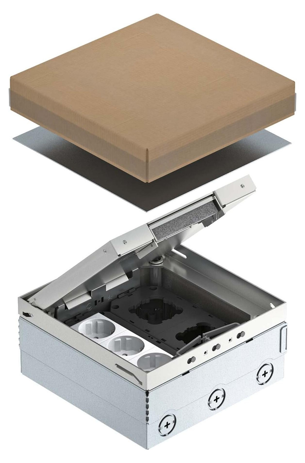 OBO UDHOME4 2V V complete vloerput met 3-voudige VDE-stopcontact type A2