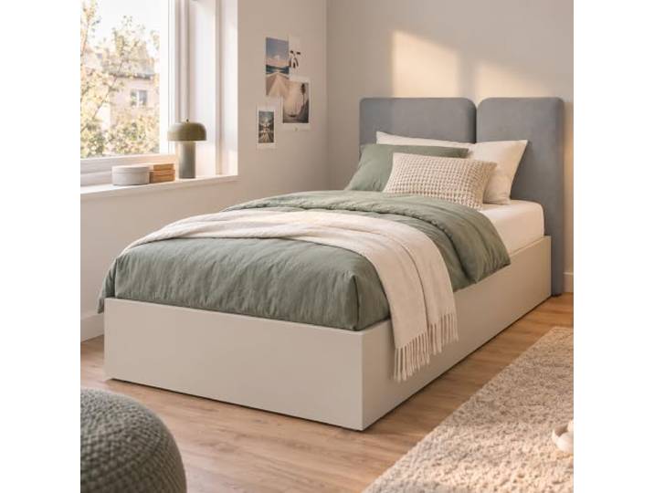 Lomadox Jugendzimmer Bett 90x200 cm in Beige, mit Bettkasten, klappbarem Lattenrost & gepolstertem Kopfteil -