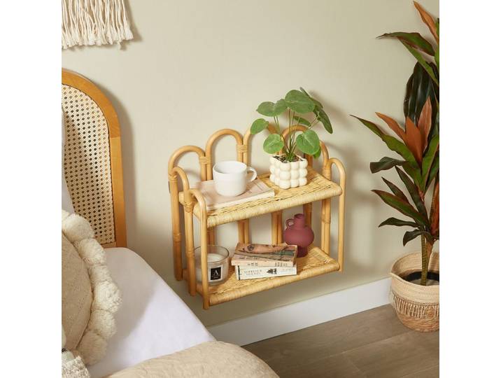 Etagère suspendue murale 2 niveaux en rotin naturel