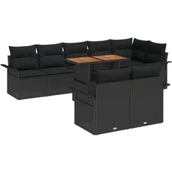 vidaXL 9-teiliges Gartenset mit Kissen in Schwarz, aus Poly-Rattan und Akazie.