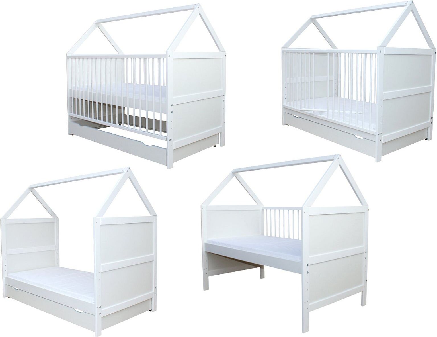Babybett Kinderbett Juniorbett Haus 140x70cm mit Matratze und Schublade weiss