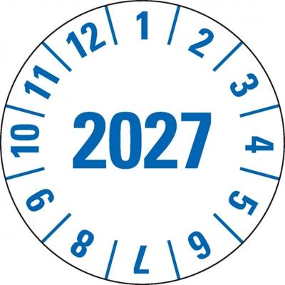 Dreifke® Prüfplakette 2027, weiß, Folie, mit Spezialkleber , Oberflächenschutz, Ø 35mm, 10 St/Bogen