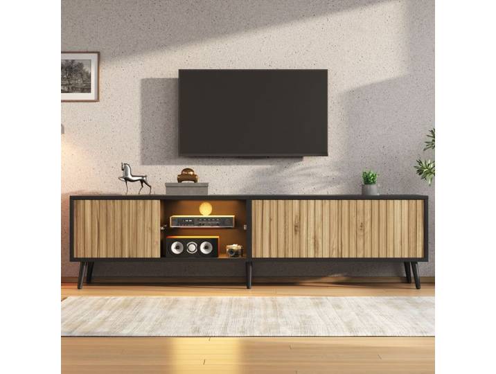 Meuble TV LED Bas 175cm Naturel Noir 75 Pouces