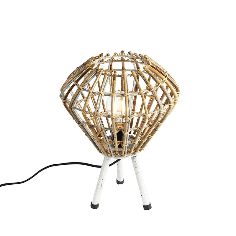 Qazqa Tafellamp Tripod Bamboe en Metaal - Wit - Hoogte: 36 cm