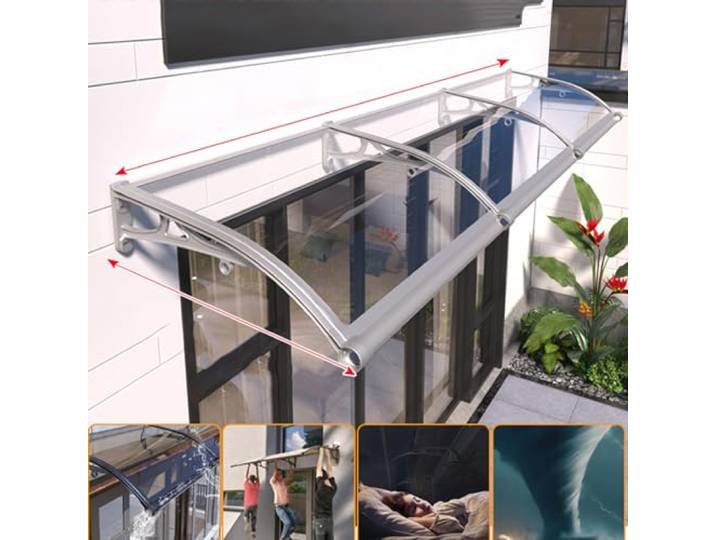 Überdachung Pultvordach mit Regenrinne,Markise Fenster Aluminium Silber Bügel und Transparente Platte Polycarbonat,Pavillion Türvordach Regenschutz Beständiger,Eingangstür (80 x 320cm)