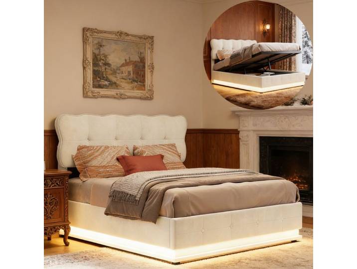 Lit 140x190 cm - NMONET - LED - Tissu velours - cadre de litcoffre 140x190 coffre - lit adulte 140x190 - Beige