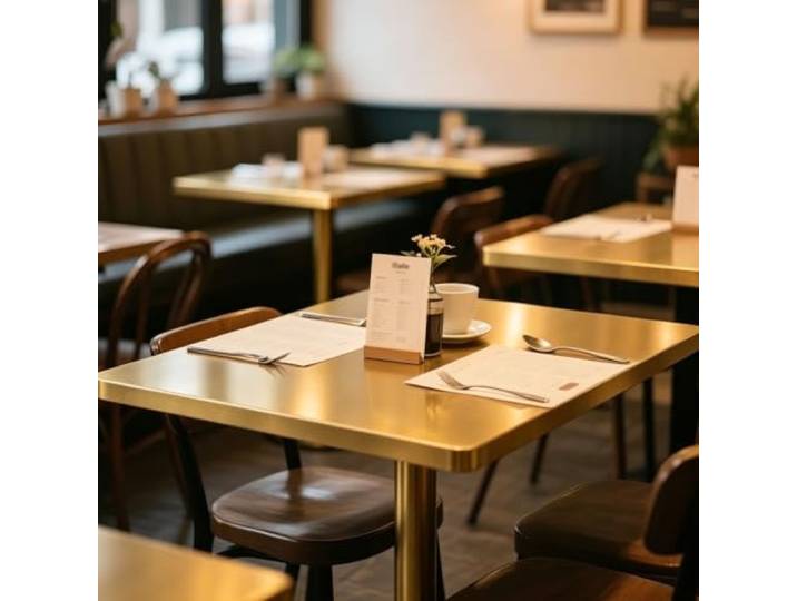 Stilvoller Tisch Mit Goldener Tischplatte Für Kaffee-/Bäckerei-/Brunch-Shop, Quadratischer Bistrotisch Aus Rostfreiem Metall Und Eisen, Kommerzielle Restaurant-Sockeltische, Höhe 72CM/73CM(60x60x73cm)