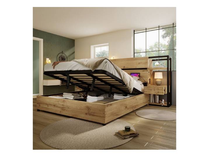 REDOM Holzbett Doppelbett im Industrie-Look (Doppelbett, 1-tlg., 160×200cm, mit Matratze (H25cm), mit USB&Type-C Ladeanschluss