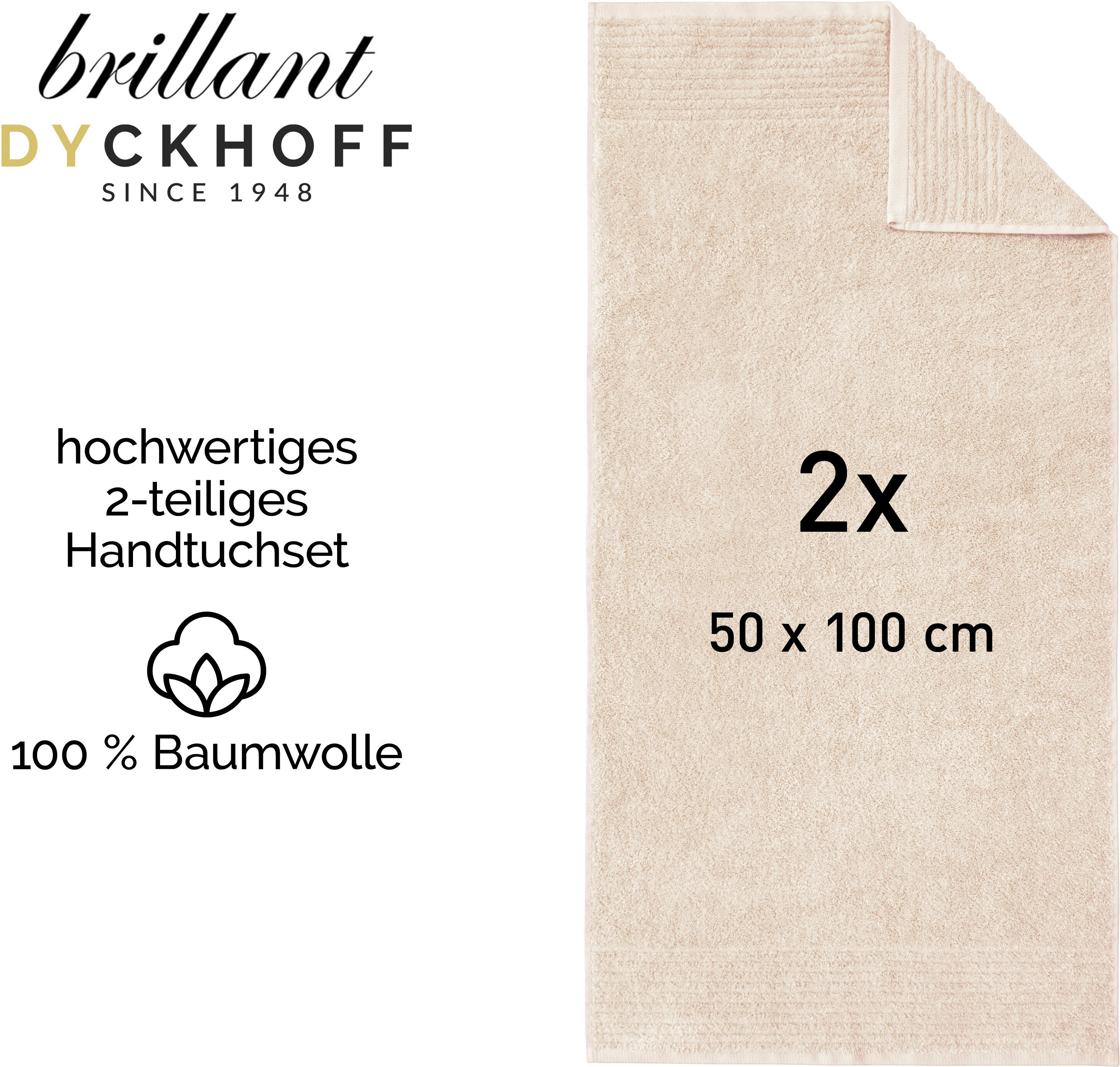 Handtücher DYCKHOFF "Handtuch-Set BRILLANT 2-tlg., Baumwolle, 50x100 cm", beige (sekt), B:50cm L:100cm, Frottier, Baumwolle, Handtücher, Handtücher, Baumwolle sekt B/L: 50cmx100cm, 2 Stk., Frottier