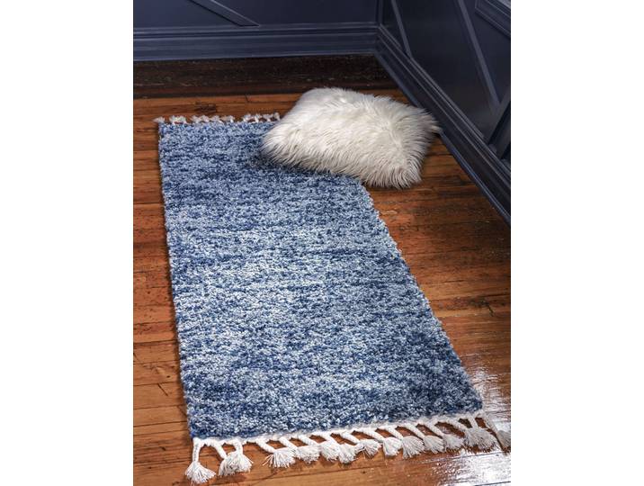 Hochflor-Teppich Top Shag, LAGERRÄUMUNG , blau (blau, marineblau), B:79cm H:32mm L:249cm, Polypropylen (PP), MYFLAIR MÖBEL & ACCESSOIRES, Teppiche, Hochflor-Teppich, gewebt, melierte Optik, weich & kuschelig, mit Fransen