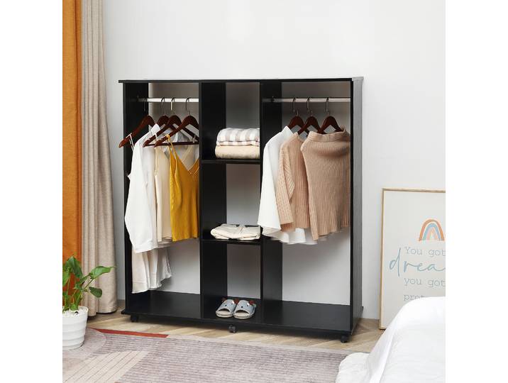 HOMCOM Armoire Mobile 6 Roulettes Bois Noir