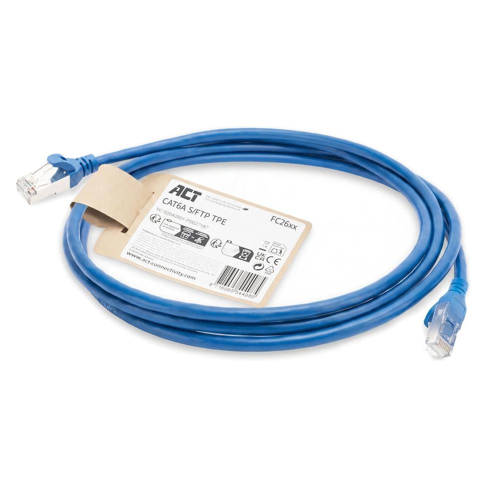 ACT Blue 2 meters TPE S/FTP CAT6A ultra-flex patch cable snagless with RJ45 connectors (S/FTP, CAT6a, 2 m) (FC2602)