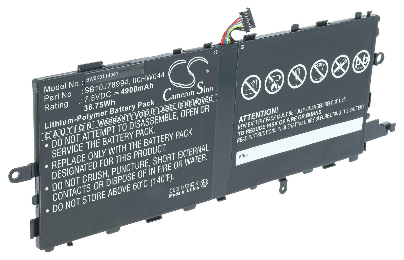 vhbw Accu vervanging voor Lenovo 00HW04, 00HW044, 00HW045, SB10J78994, 00HW046, SB10J78993 voor tablet, 4900 mAh, 7,5 V, Li-Polymeer