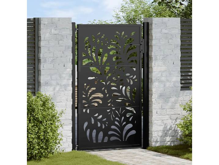Portail de jardin en acier Corten ondulé noir 110x150cm, portail de clôture extérieur en métal à largeur réglable avec serrure et 3 clés, portail d'entrée de patio à découpe laser pour la délimitation