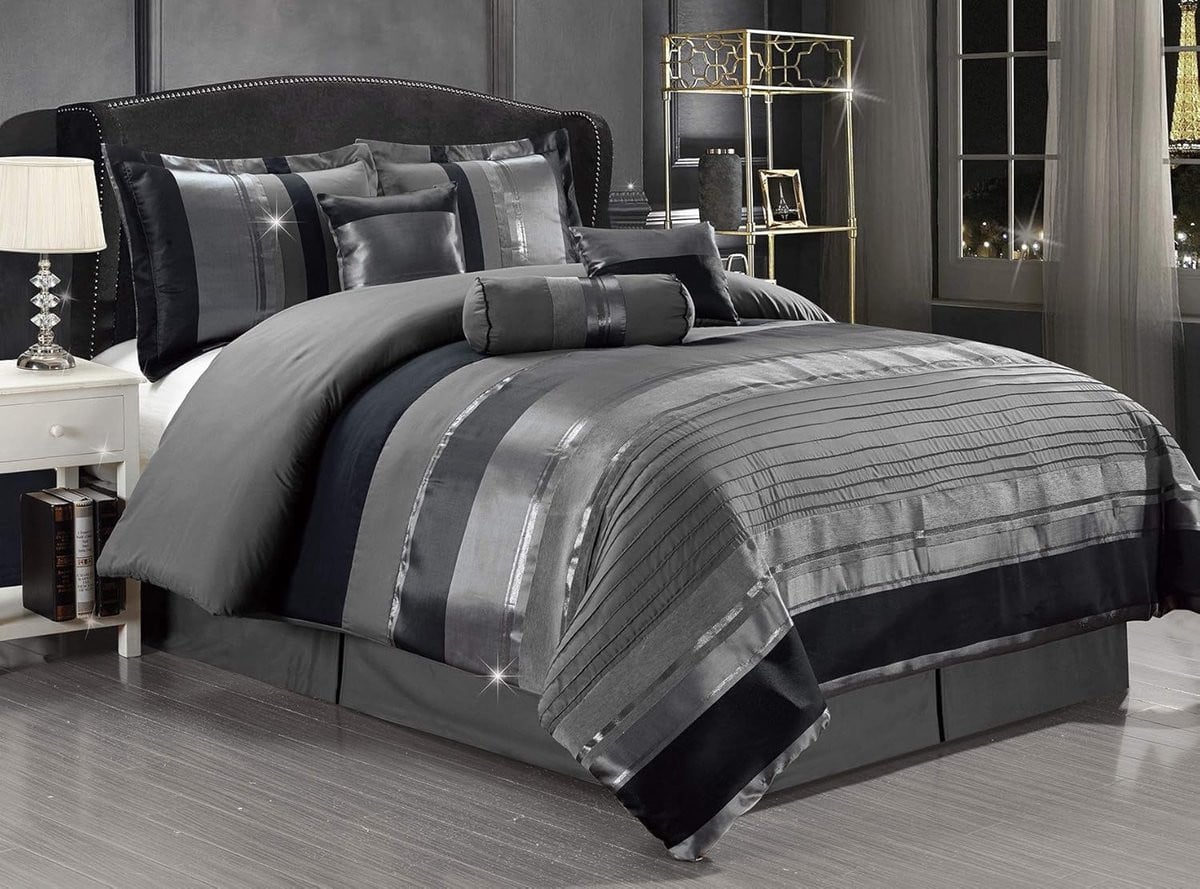 7-delige luxe Queensize beddengoedset in grijs zilver