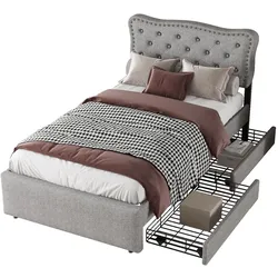 OKWISH Bett 90x200 aus Leinen mit Stauraum, Polsterbett mit zwei Schubladen, verstellbarer Nachttisch, bequemes Einzelbett Grau