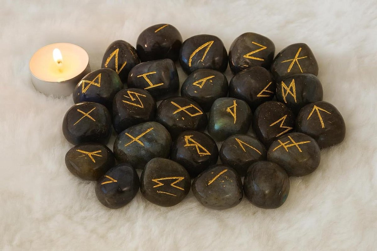 Labradoriet Rune Stenen Set met Gegraveerde Belettering - 25 Delig - Grijs