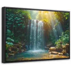 LEINWAND Bilder mit Rahmen - Wasserfall - Dschungel - Sonne - Grün - Natur - 30x20