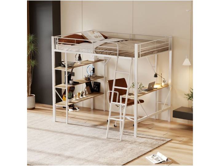 lit mezzanine 90x200 avec bureau et rangement structure metal MDF blanc EVRYAE