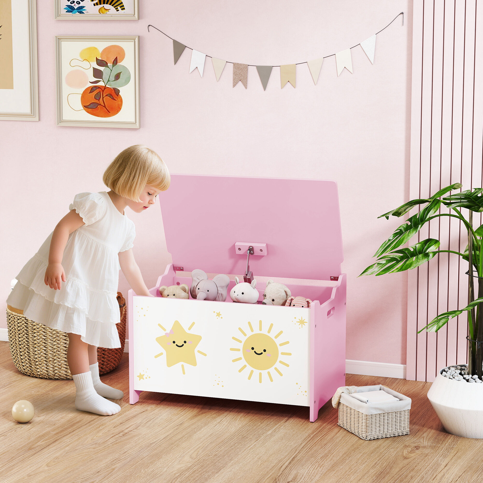 Altro Baule Portagiochi Con Coperchio Per Bambini Per Giocattoli E Vestiti, 60x37x39 Cm, Rosa