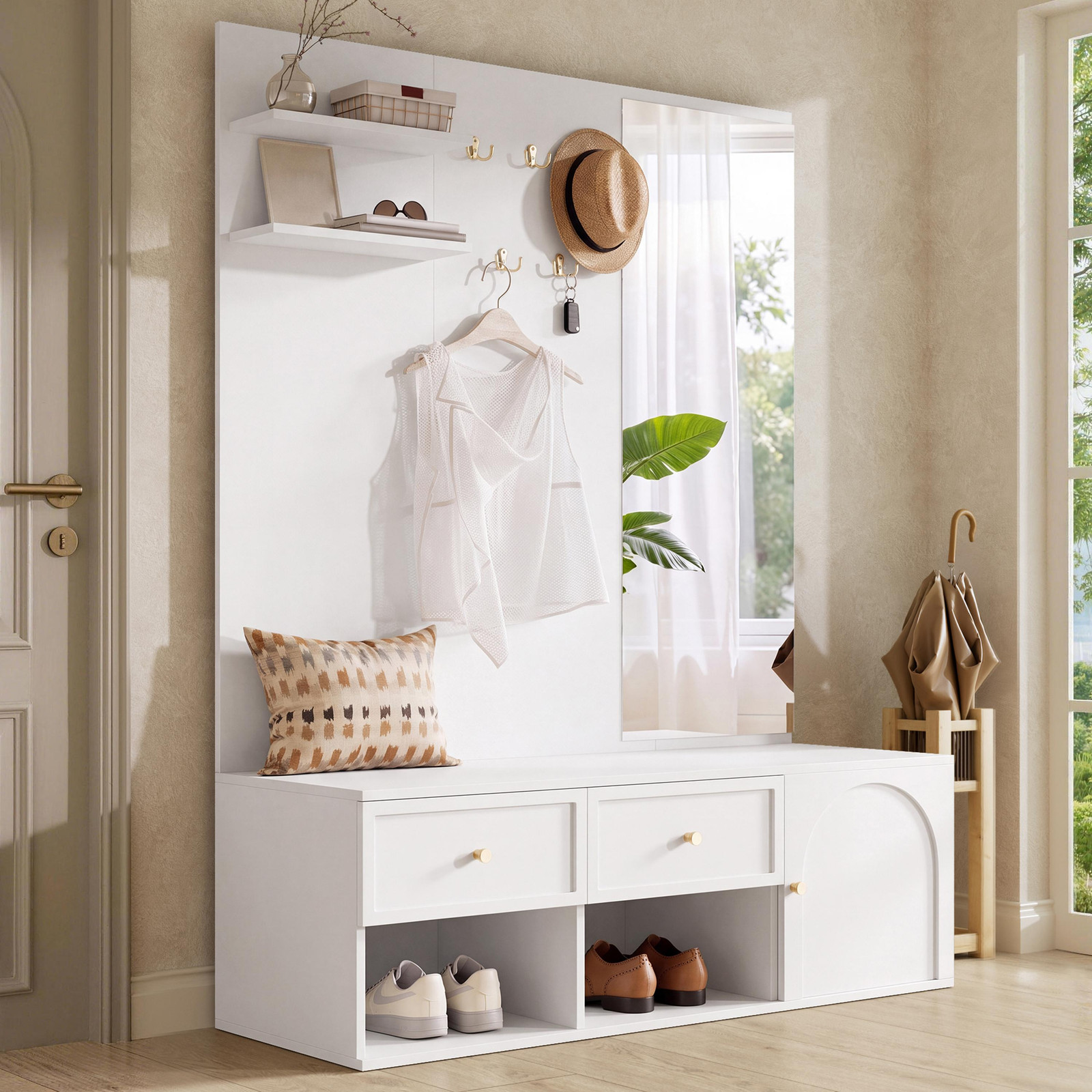 OKWISH Moderne entreekast met spiegel en zitbank, witte garderobekast met lades, haken en zwevend plank