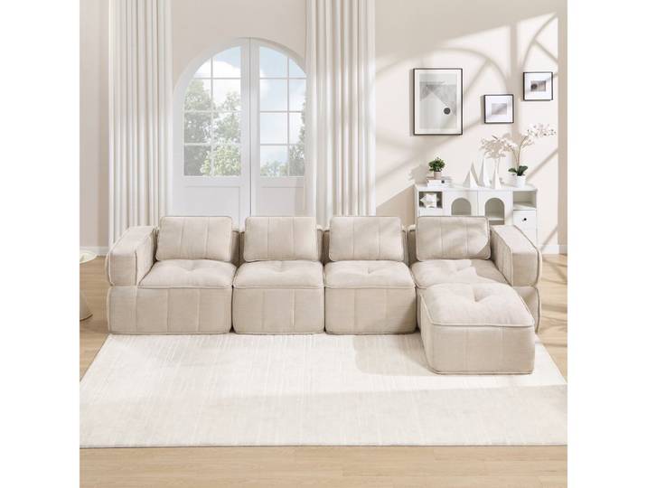 BBWL Sofa 4-Sitzer mit Hocker, 32D-Hochdichteschaum, tiefe Sitzfläche, L-Sofa, modulares rahmenloses Sofa, weicher Polyesterstoff
