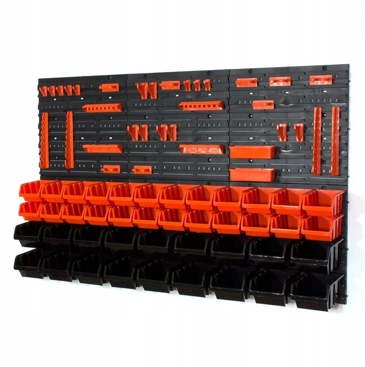 Gereedschapswand met 42 stapelboxen en wandrek voor werkplaats of garage, zwart-oranje, B: 120 cm, H: 80 cm