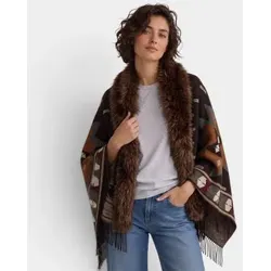 Bazar Deluxe für Damen. STOLA Poncho mit braunem Fell (OSFA), Lässig, Wolle