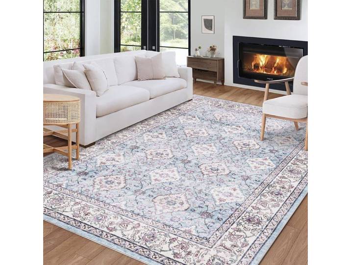 Tapis floral vintage - LUNSY - Lavable en machine - 200x290 cm - Cachemire synthétique - Motif floral - Dos antidérapant