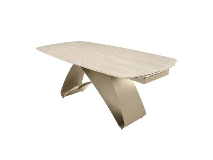 Table céramique décor travertin pied bronze 200-280 cm