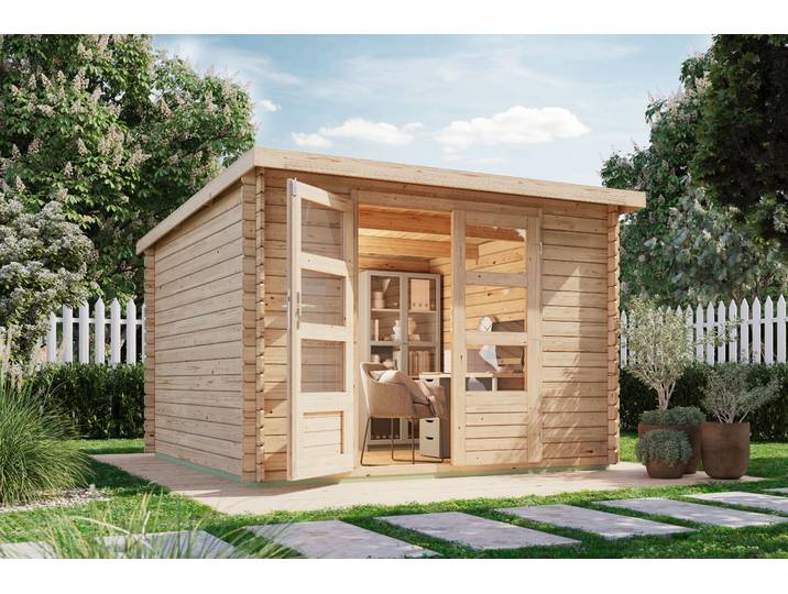 Gartenhaus KARIBU Remus mit Pultdach aus Massivholz, klassische Blockbohlenbauweise , beige (naturbelassen), ohne Fußboden, ohne Dacheindeckung, Massivholz, Gartenhäuser, Gartenhaus, aus hochwertiger naturbelassener nordischer Fichte