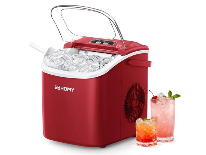 EUHOMY Machine à Glaçons\, Petite Machine a Glacons\, 9 Glaçons En 6 Minutes\, Auto-Nettoyante Machine Glacon\, Avec Poignée de Transport Et Panier à Glace\, 12 Kg/Jour Machine a Glacon\, Ice Maker Rouge