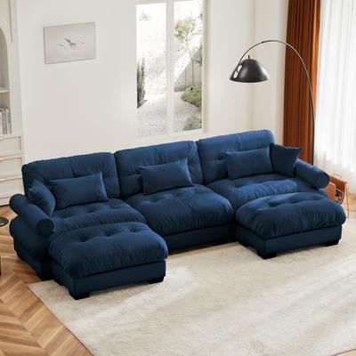 "GDFStudio - Thalassia Velvet 3-Seater 130"" Sofa and Dual Movable Ottomans With Pillows"