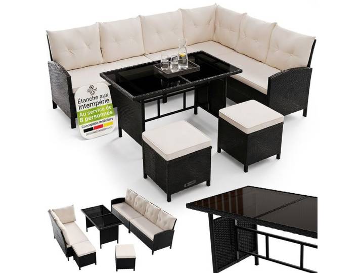 Juskys Manacor Salon de Jardin Polyrattan Noir 7 Places Canapé Table 2 Poufs Coussins Crème Mobilier Extérieur Terrasse Jardin