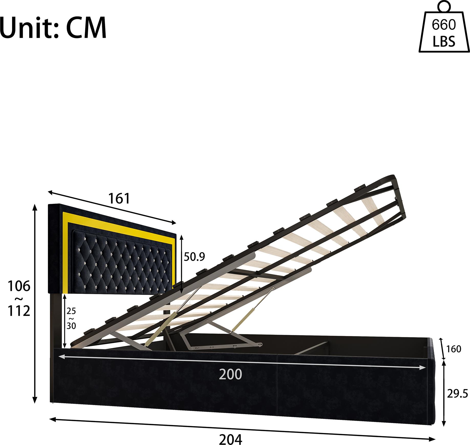 Doppelbett - Hydraulischer Bettkasten - LED-Beleuchtung - Samtbezug - 160 x 200 cm - Schwarz - Matratze nicht enthalten