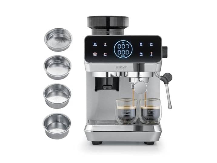 Caso EspressoGourmet & Grind Siebträgermaschine Edelstahl mit Mahlwerk, 20 Bar Ulka Pumpe, Touch-Display, Thermoblock, Vorbrühfunktion, Dampflanze,1,8 l Wassertank, Zubehör