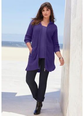 Plus Size Women's Waffle Mega Length Zip Hoodie by Roaman's in Midnight Violet (Size 26/28)