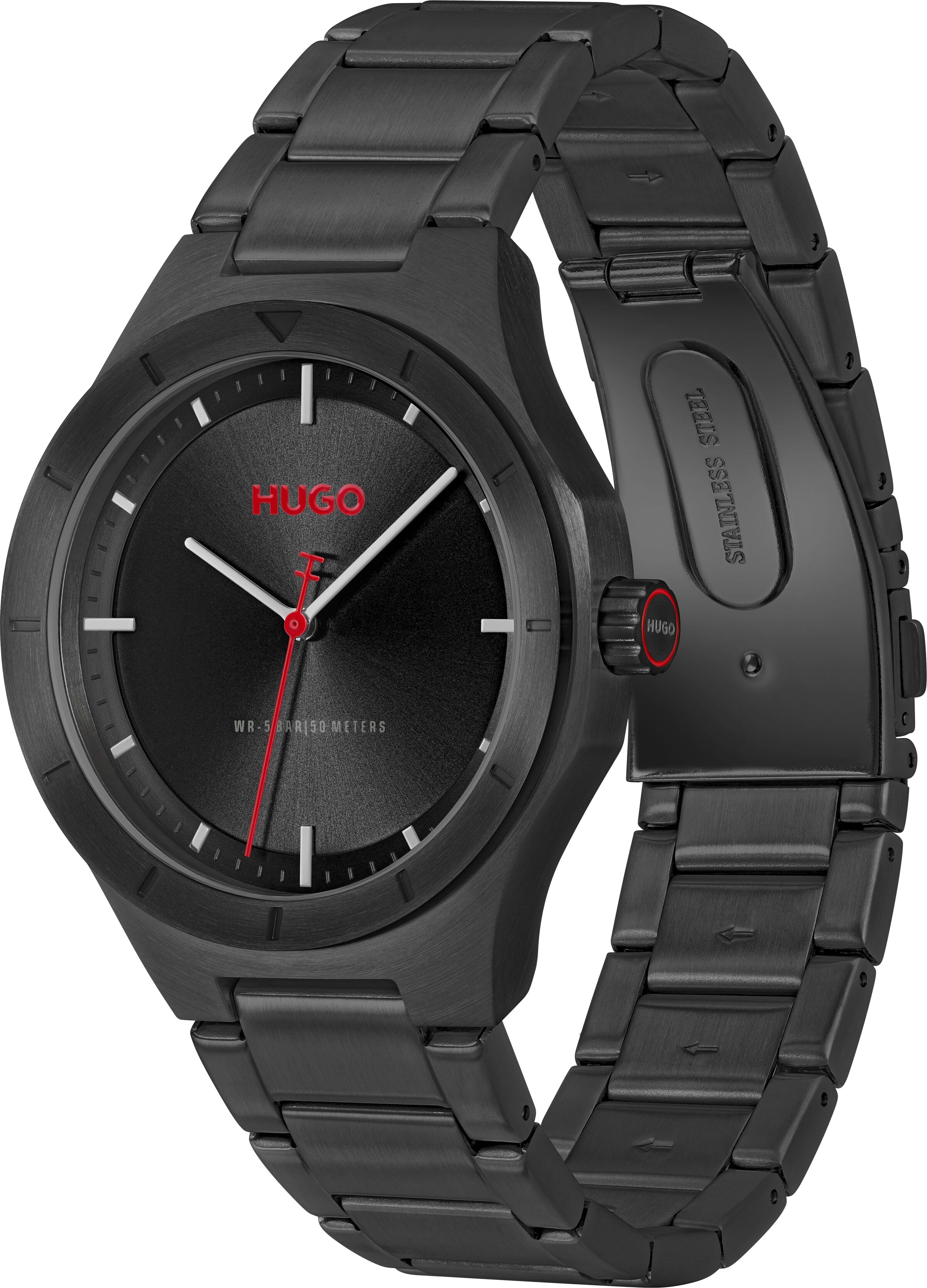 Quarzuhr HUGO "LIT", schwarz (schwarz, schwarz), Armbanduhren, Herren, schwarz, Quarzuhr, Armbanduhr, Herrenuhr, Edelstahlarmband, analog