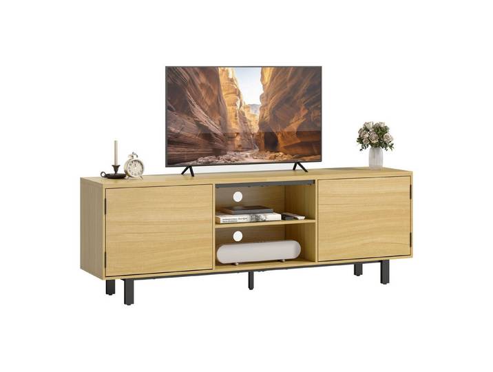 Nettlife TV-Schrank bis 65 Zoll 2 Drucköffnungstüren 2 Einlegeböden Naturholz-Optik 160x35x55,5 cm für das Wohnzimmer