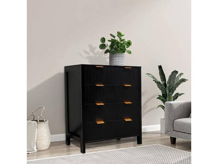 IDEALHOUSE Schmale Kommode mit 4 Schubladen – Moderne Holz-Kommode, geriffelte Wellenfront, Goldfarbene Griffe, hoch – für Schlafzimmer, Flur & Wohnzimmer – Farbe: Schwarz